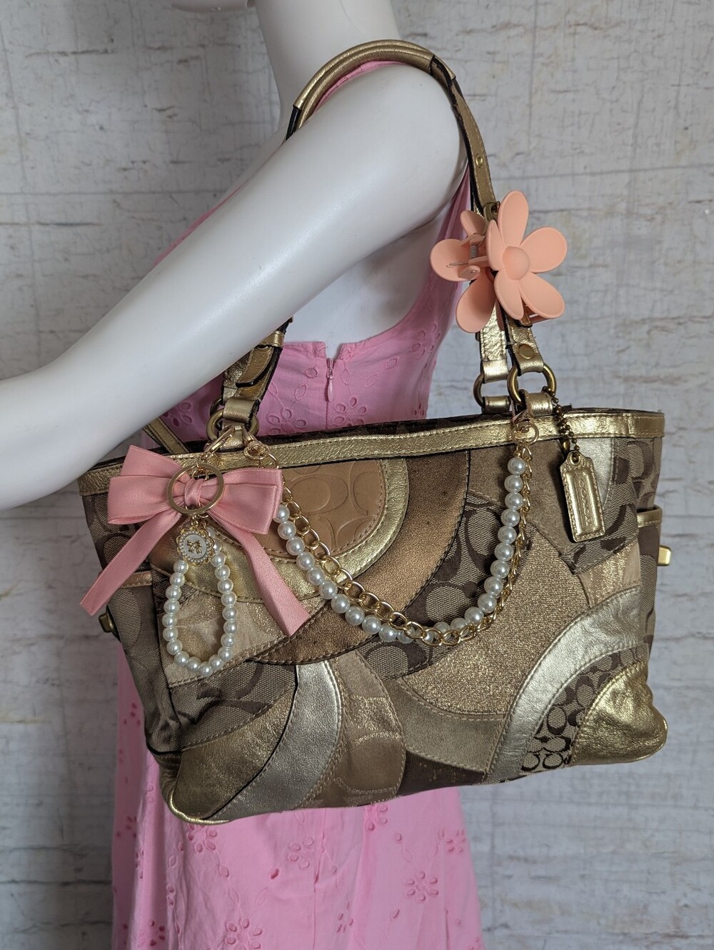 Coach Metallic Gold Patchwork Tote with Pink Bow & Pearl Chain